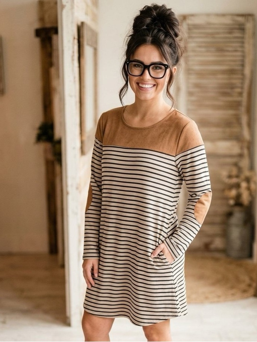 Striped Tan & Cream Long Sleeve Shift Dress